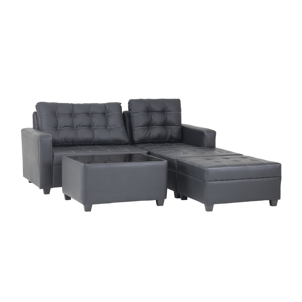 Dark gray L-shape sectional sofa with tufted cushions and matching storage ottoman