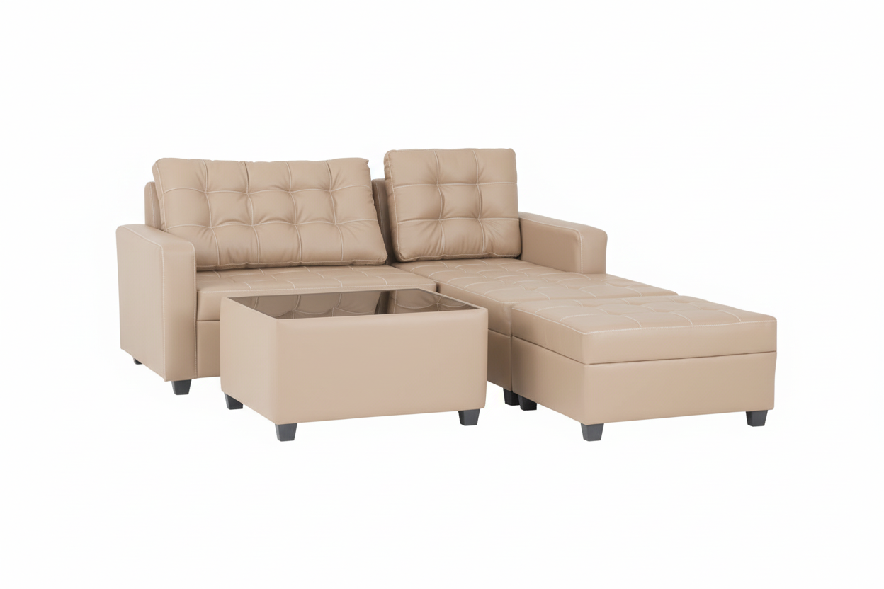 Beige L-shape sectional sofa with tufted cushions and matching storage ottoman
