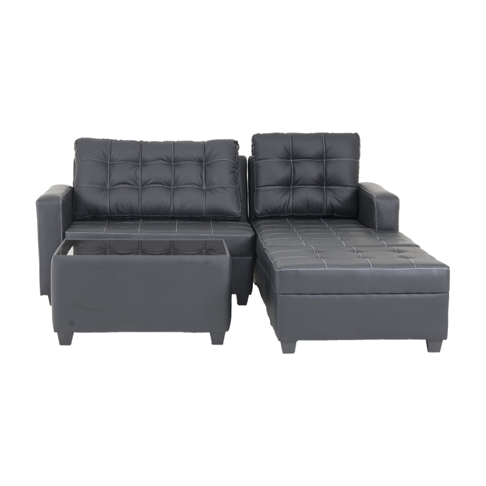 Dark gray L-shape sectional sofa with tufted back cushions and storage ottoman
