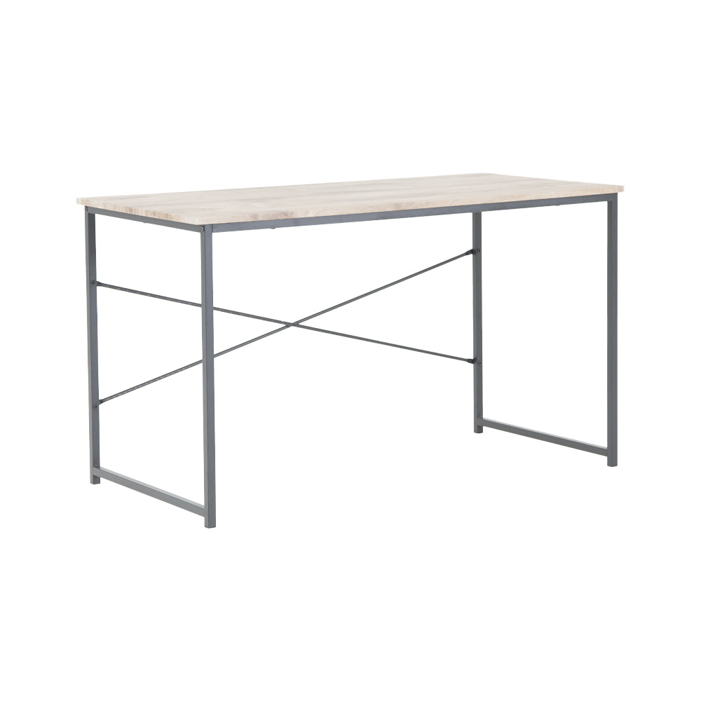 Rectangular desk with light wood top and light gray metal cross-brace frame