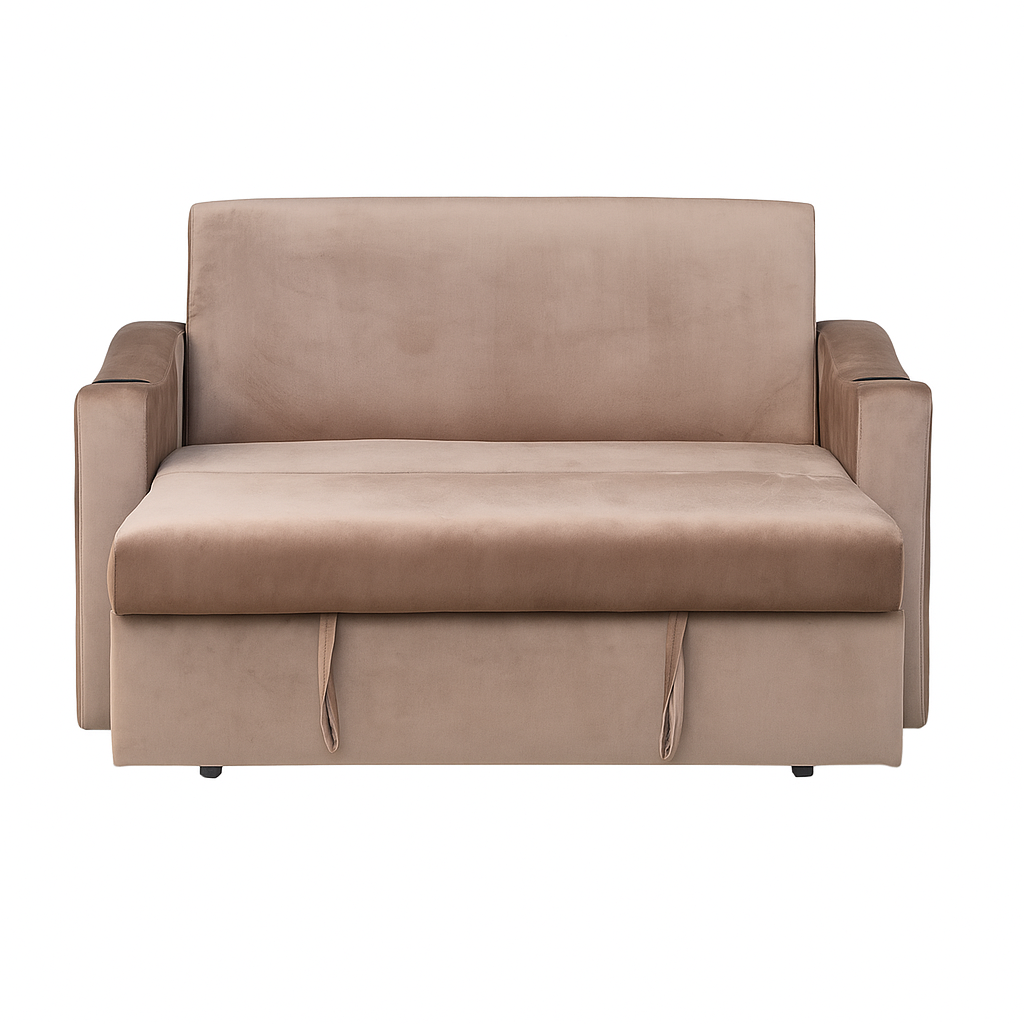Light brown 2 seater sofabed with padded armrests and backrest