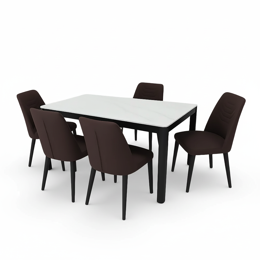 6-seat dining set with light marble tabletop and dark brown upholstered chairs