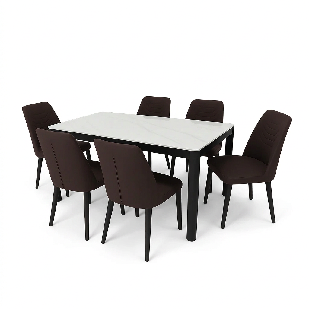 6-seat dining set with light marble tabletop and dark brown upholstered chairs