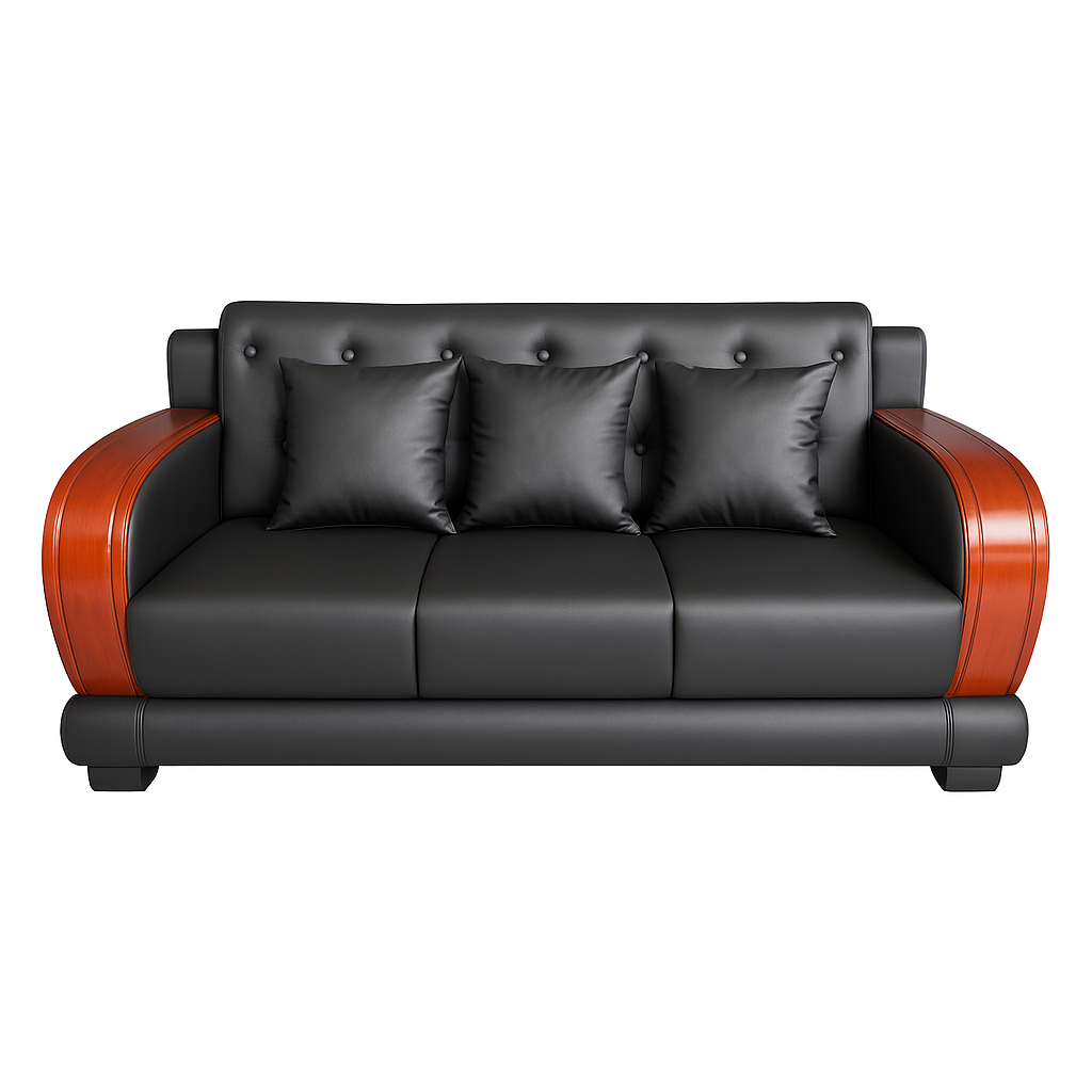 3-seater sofa with dark upholstery, tufted back and curved wooden armrests