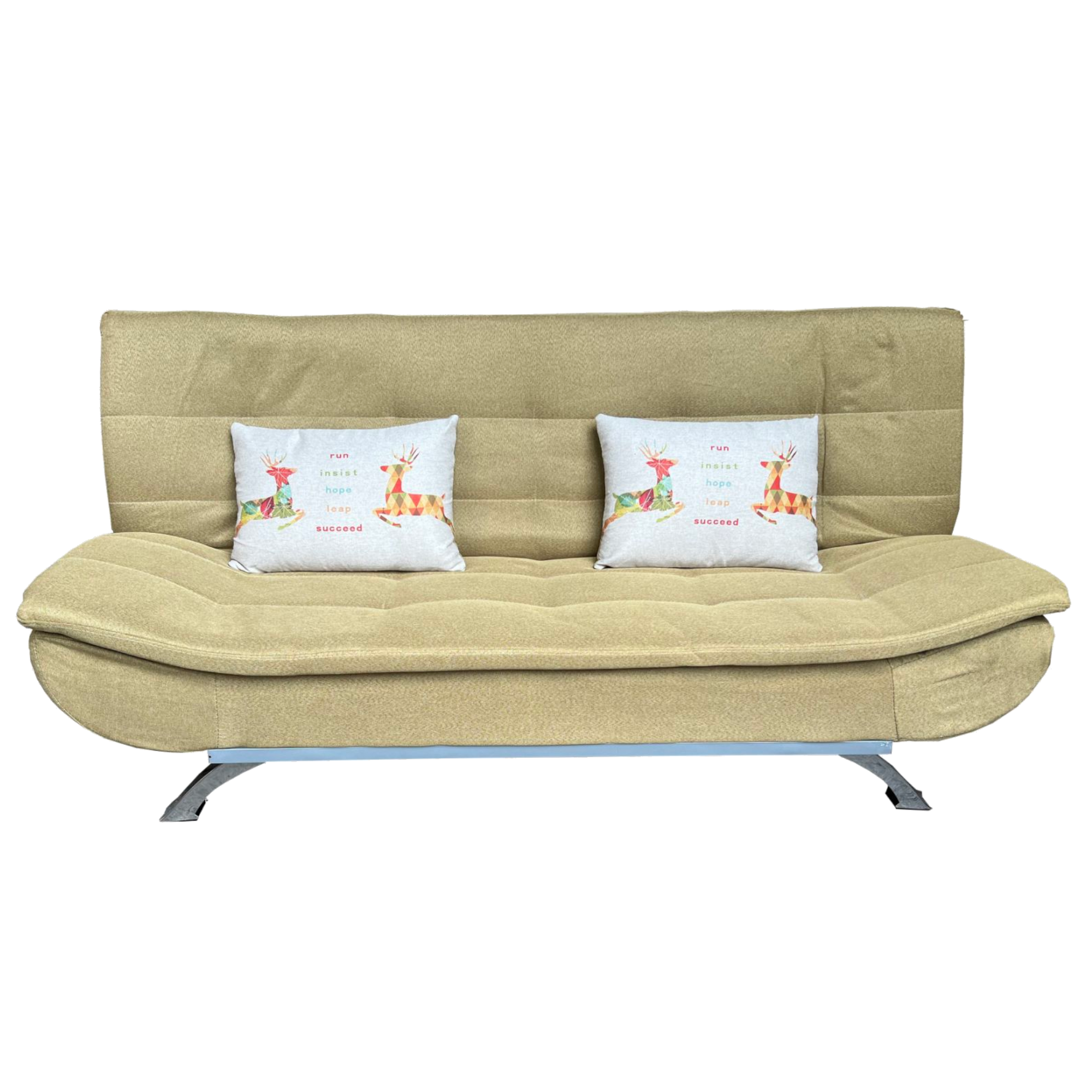 Khaki sofabed with two printed pillows, tufted backrest and rounded seat