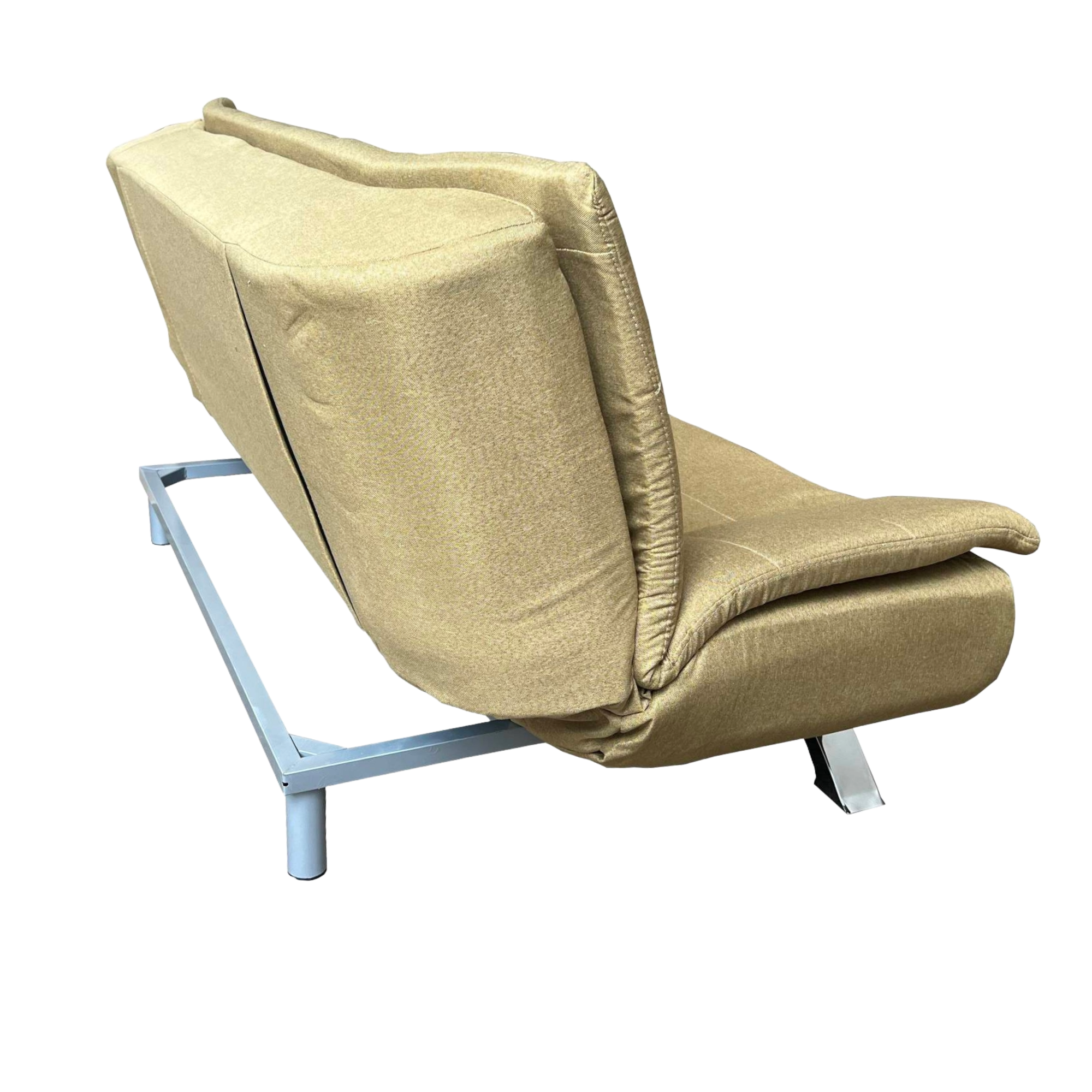 Khaki sofabed side view with angled backrest and visible metal legs
