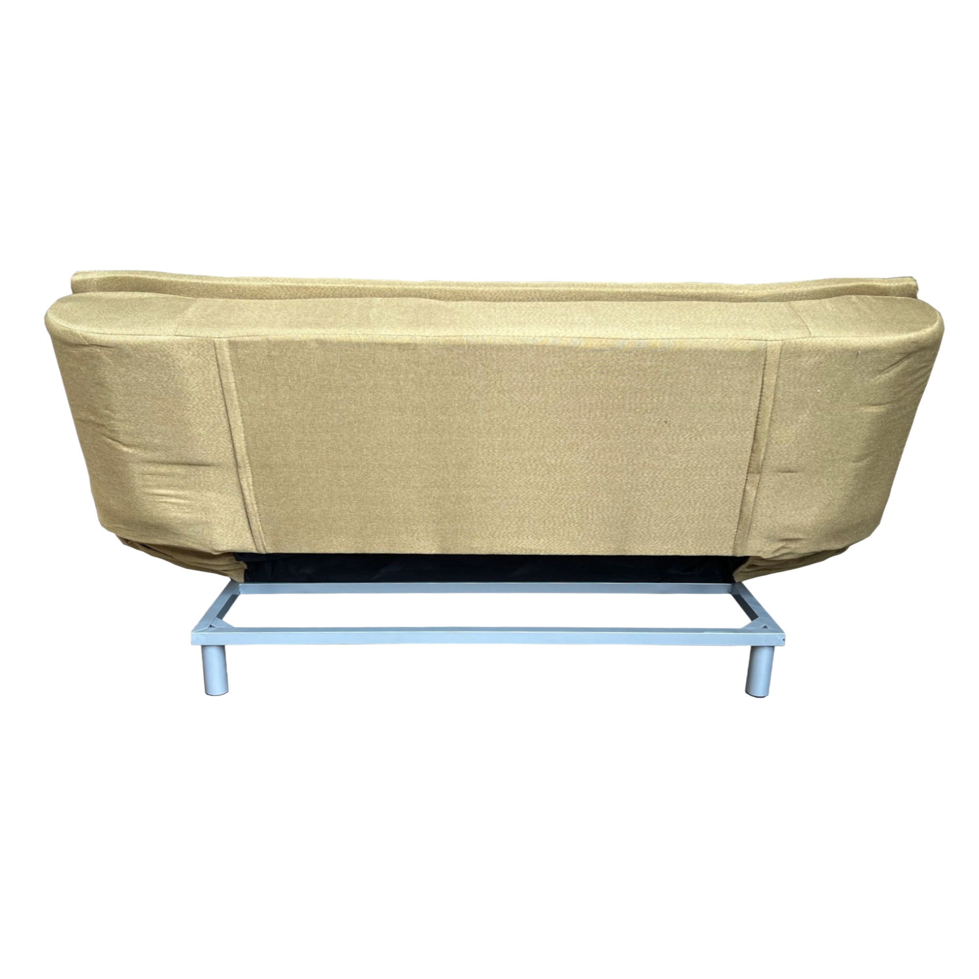 Khaki sofabed back view with padded backrest and metal support frame