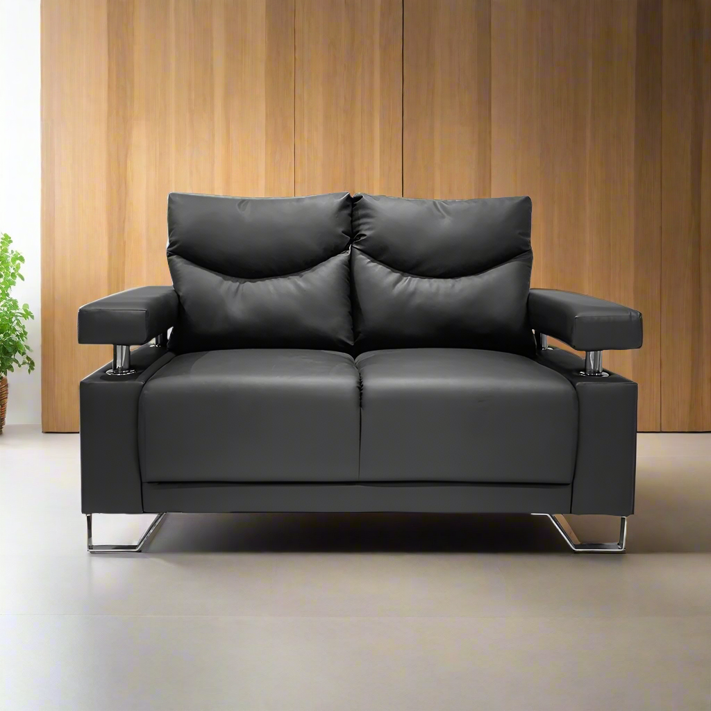 2-seater sofa in dark black, padded arms, tufted back, square seat and chrome legs