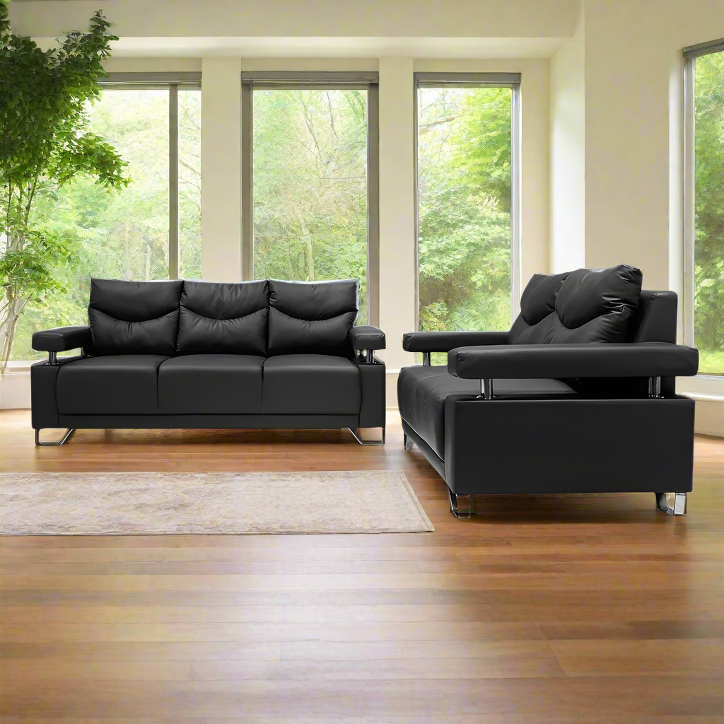 EERA 3 seater sofa in dark black leather-look with three seat cushions
