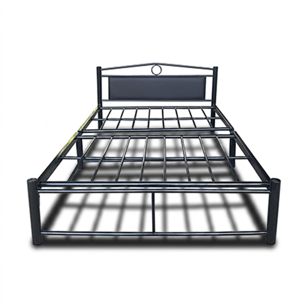Black metal single bed frame with curved headboard panel and grid slats
