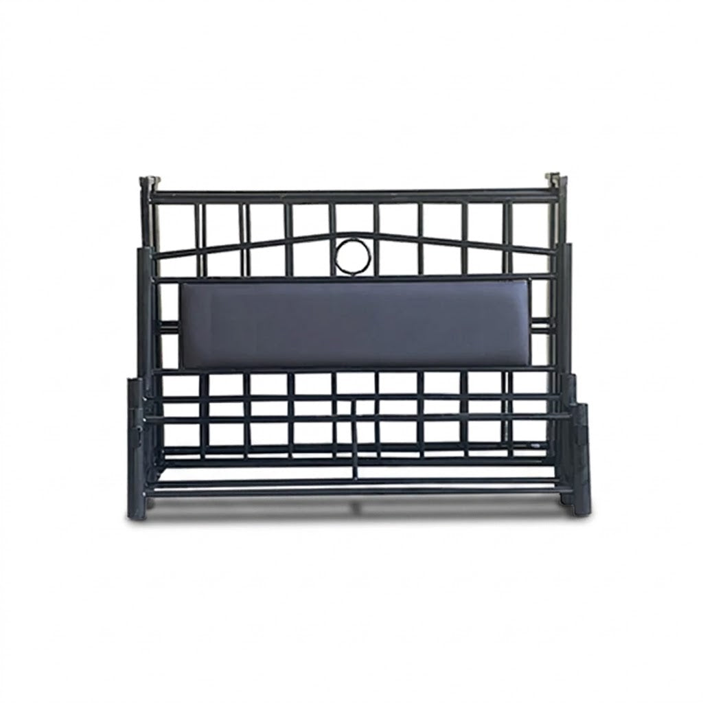 Black metal single bed with headboard panel, side rails, and slatted base