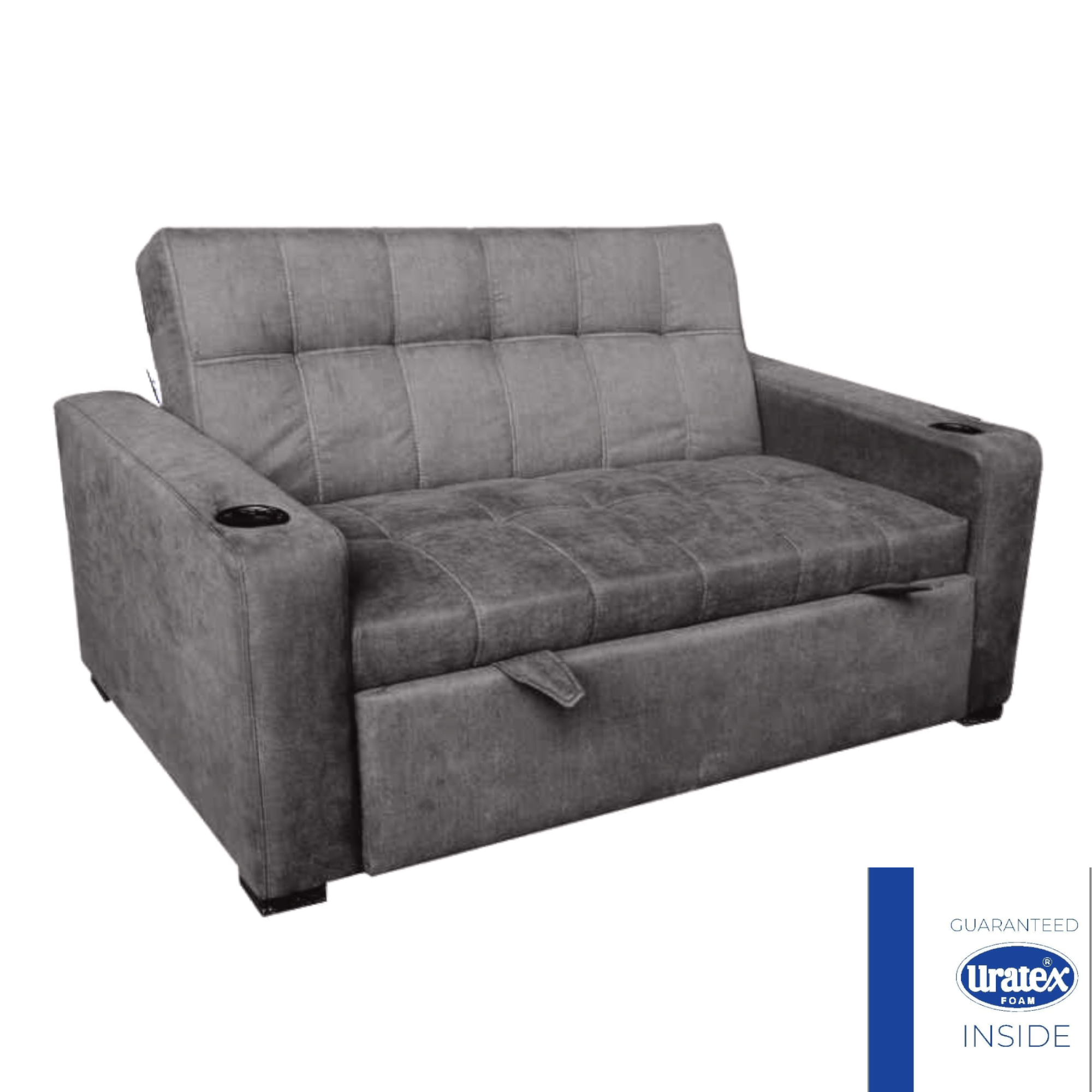 Sofabed loveseat with grey fabric upholstery, tufted back, and rounded armrests