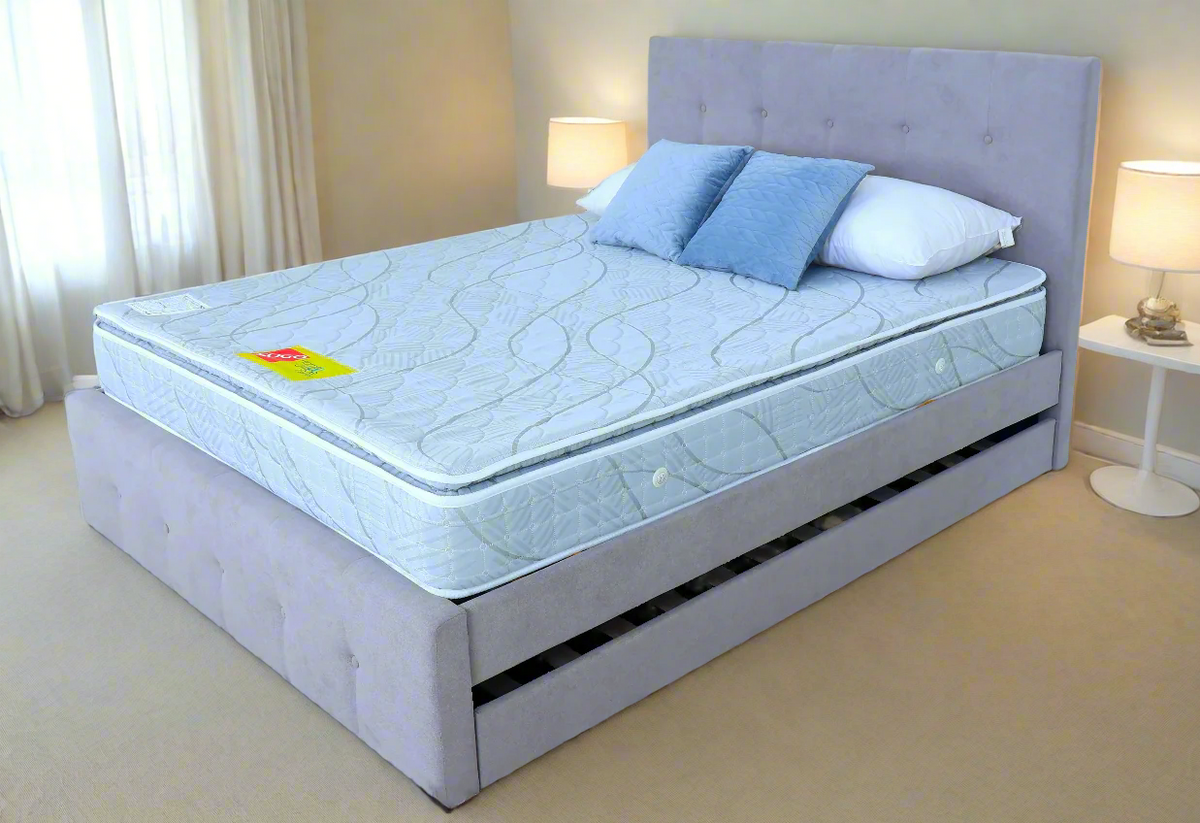FORZA Mattress by Ambassador Bed on upholstered bed with light blue quilted mattress top
