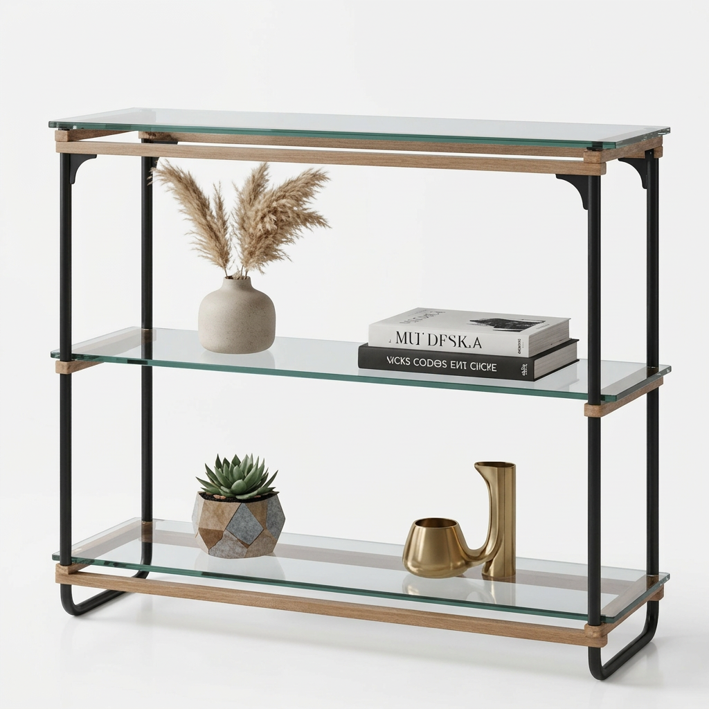 Three-tier ELIZA console table with clear glass shelves, black metal frame, and wood accents