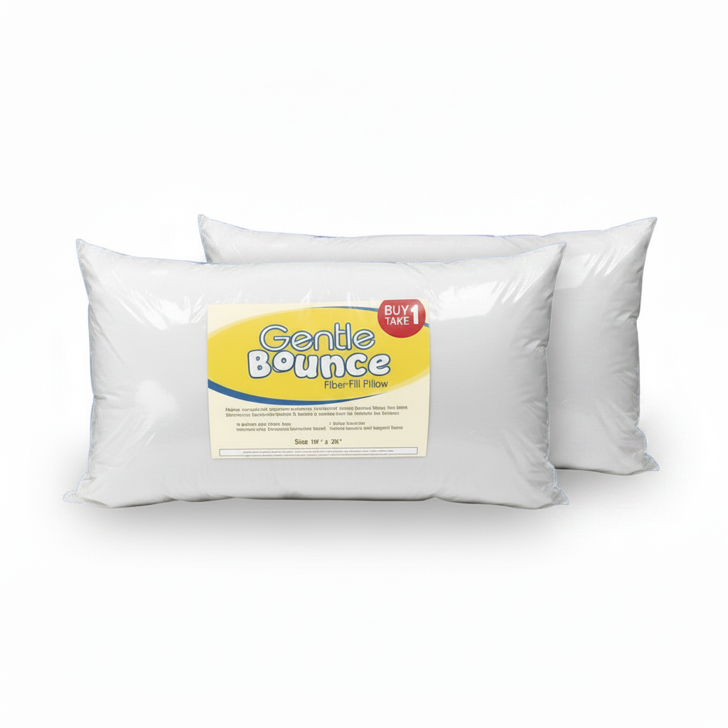 White rectangular pillow with Gentle Bounce label on cover