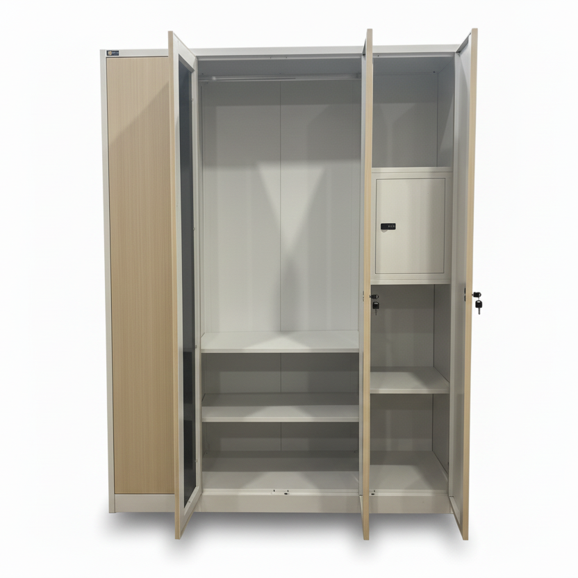 MICH 4-door wardrobe, open doors showing adjustable shelves and storage compartments.