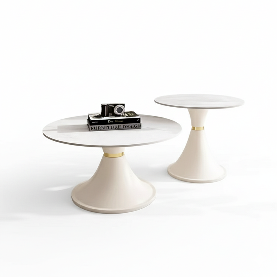 BIANCO round center table set of two, white pedestal bases with gold accent rings