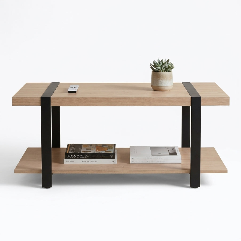 SKIRON Center Table by HOME SUITE with light wood shelves and black metal supports
