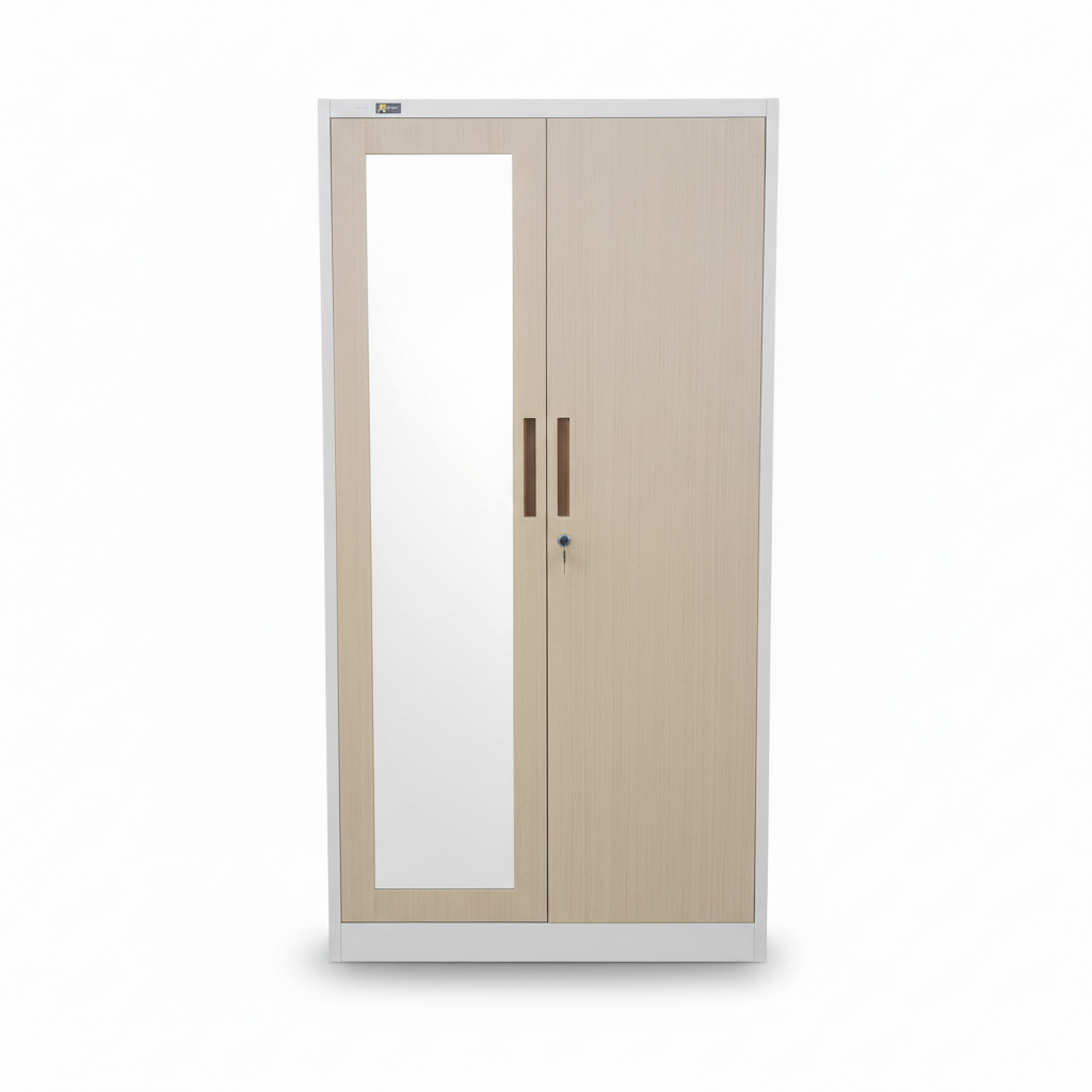 Light-wood 2-door wardrobe with vertical bar handles and white frame
