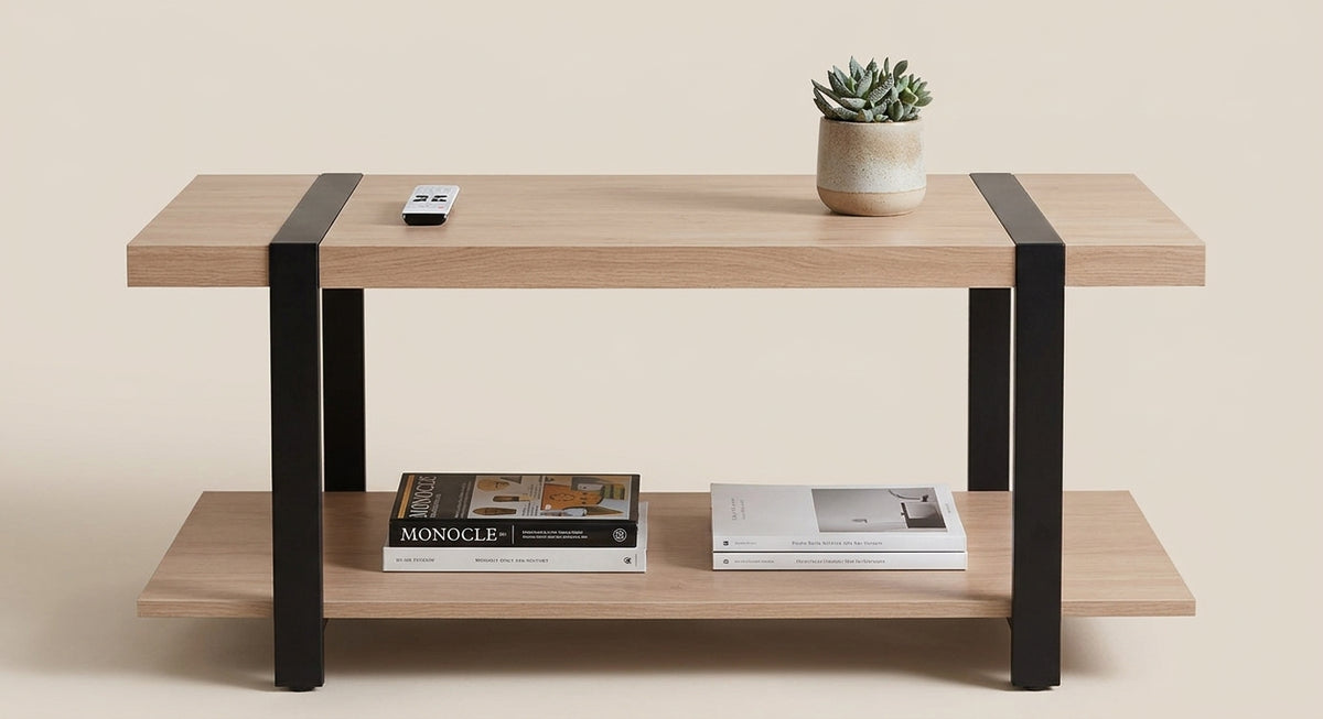 SKIRON center table with two light wood shelves and black metal supports, front view
