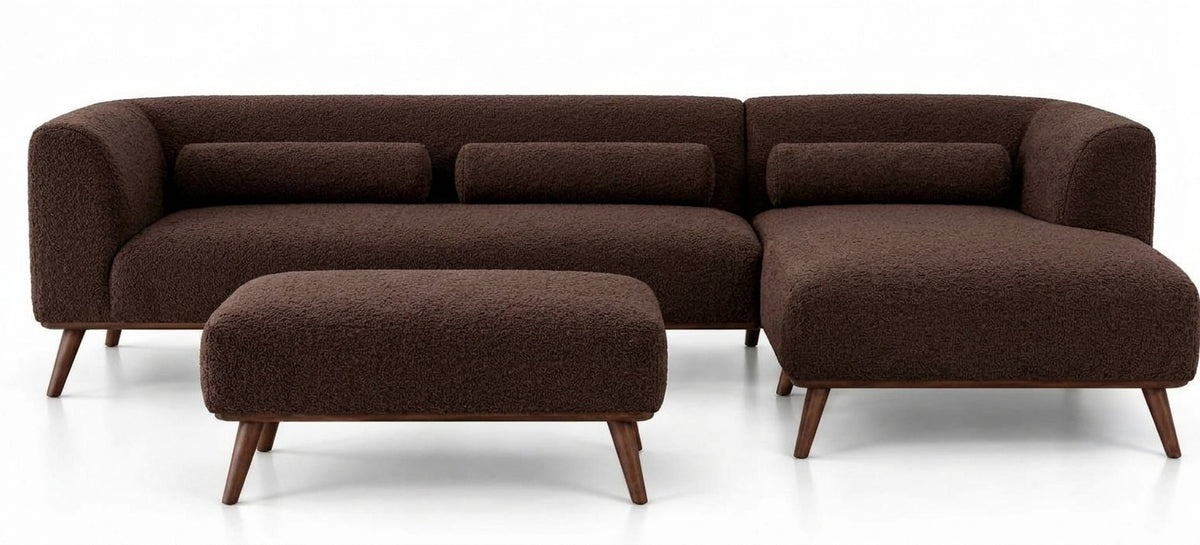Dark brown L-shape sectional sofa with ottoman chaise and rounded back cushions