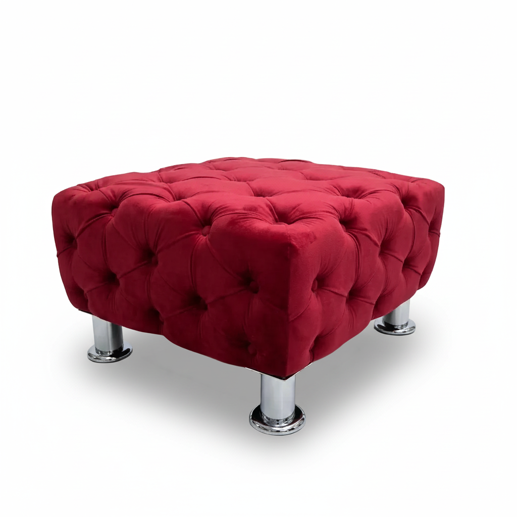 Maroon small tufted ottoman with buttoned fabric top and chrome legs