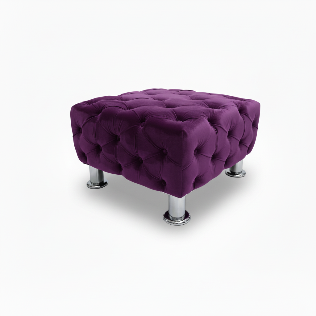 Violet small tufted ottoman with buttoned fabric top and chrome legs