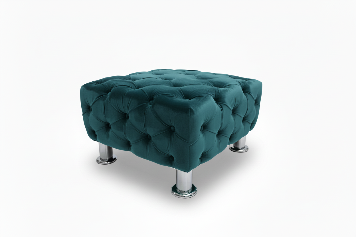 Teal blue small tufted ottoman with buttoned fabric top and chrome legs