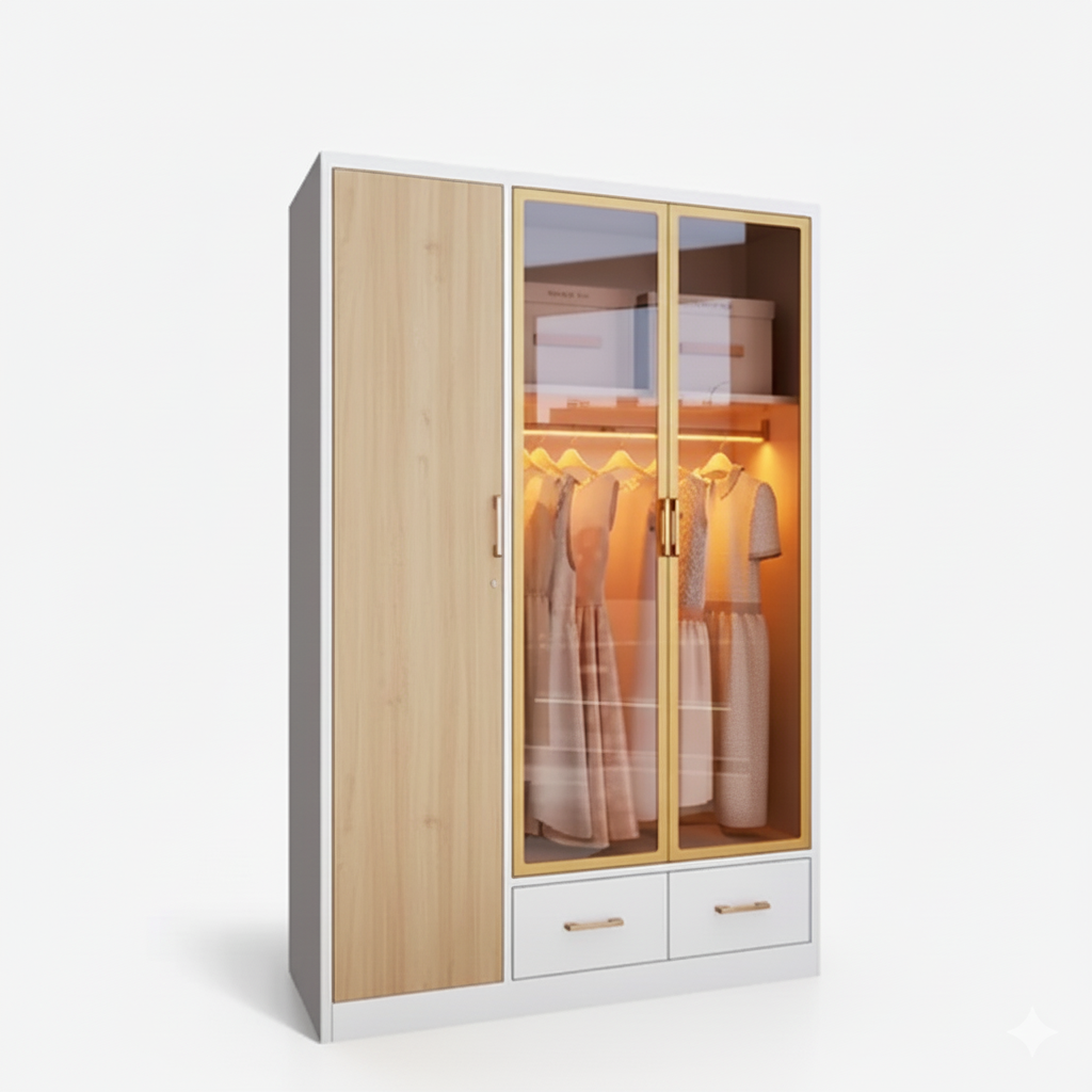 3-door wardrobe with wood-grain left door, glass doors showing hanging clothes, two drawers