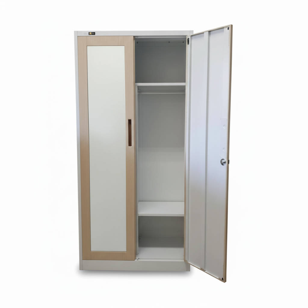 2-door wardrobe open to reveal light interior shelves, with wood-toned door fronts