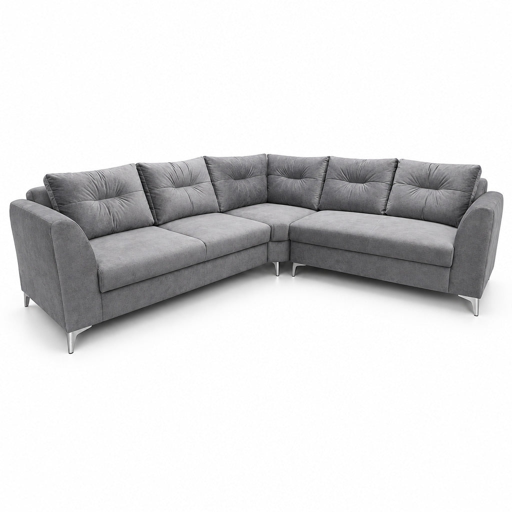 Gray L-shaped sectional sofa with tufted cushions and cushioned arms, four tapered legs