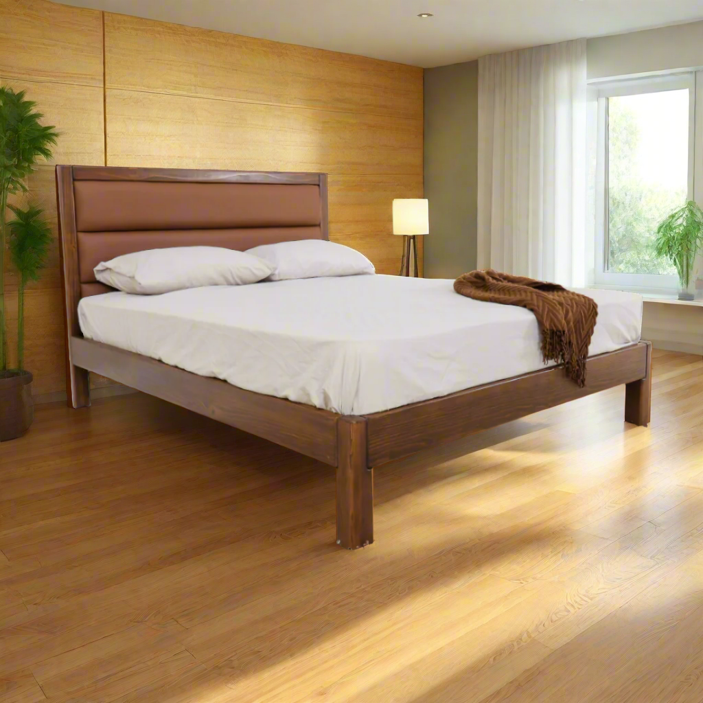 36x75 single bed frame with tall headboard and warm brown wood grain finish