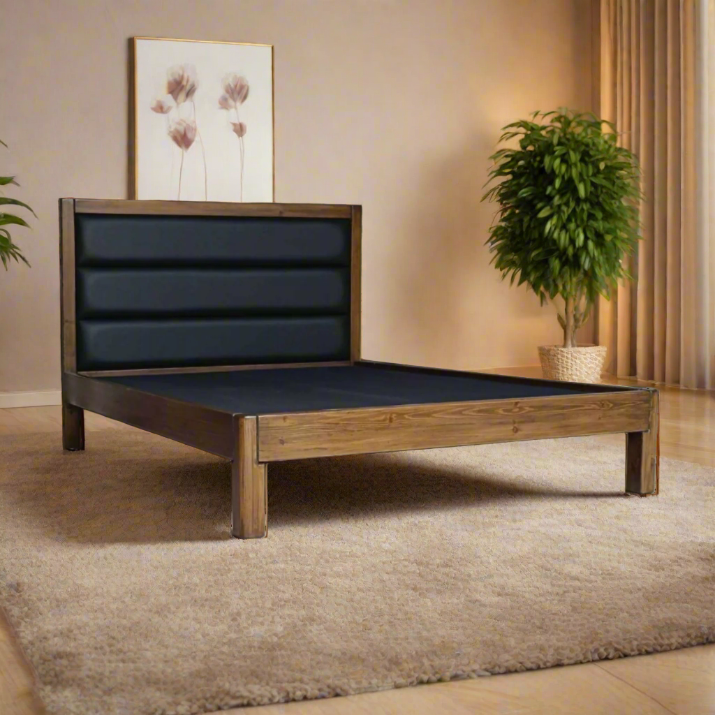 Dark panel headboard platform bed with brown wooden frame and slatted design