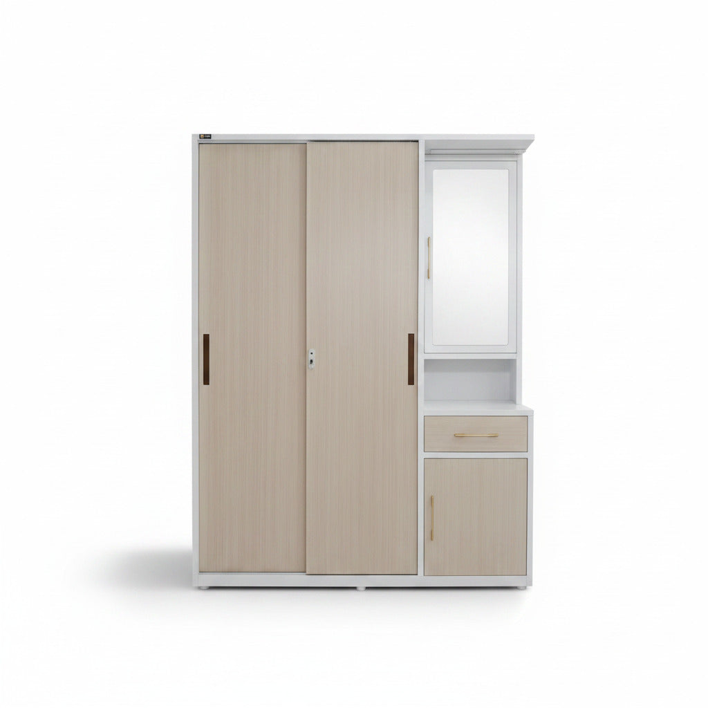 2-door wardrobe with light wood doors and mirrored side cabinet, shelves and drawer