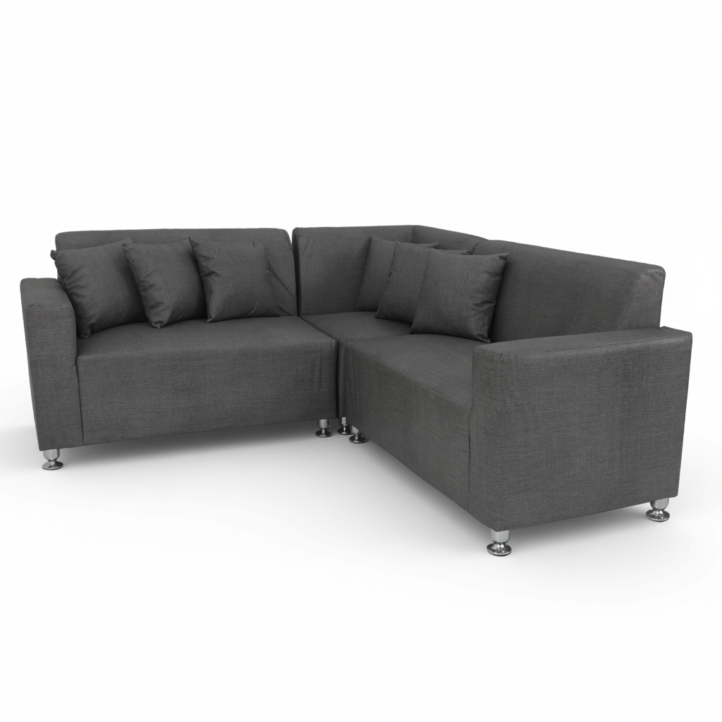 Dark grey L-shaped sectional sofa with tufted cushions and chrome-finished legs
