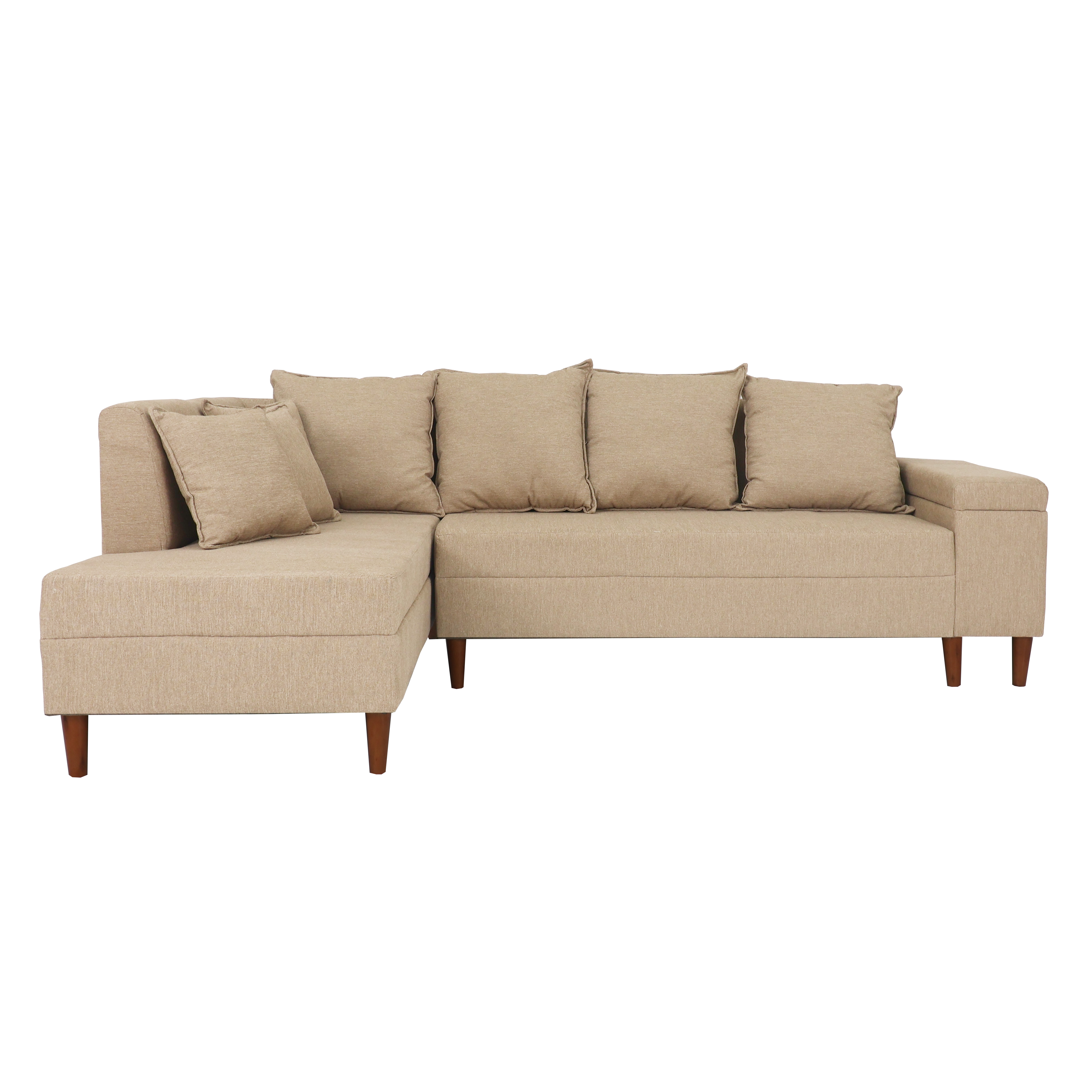 Beige L-shaped sofa with left chaise, tufted back cushions and four throw pillows
