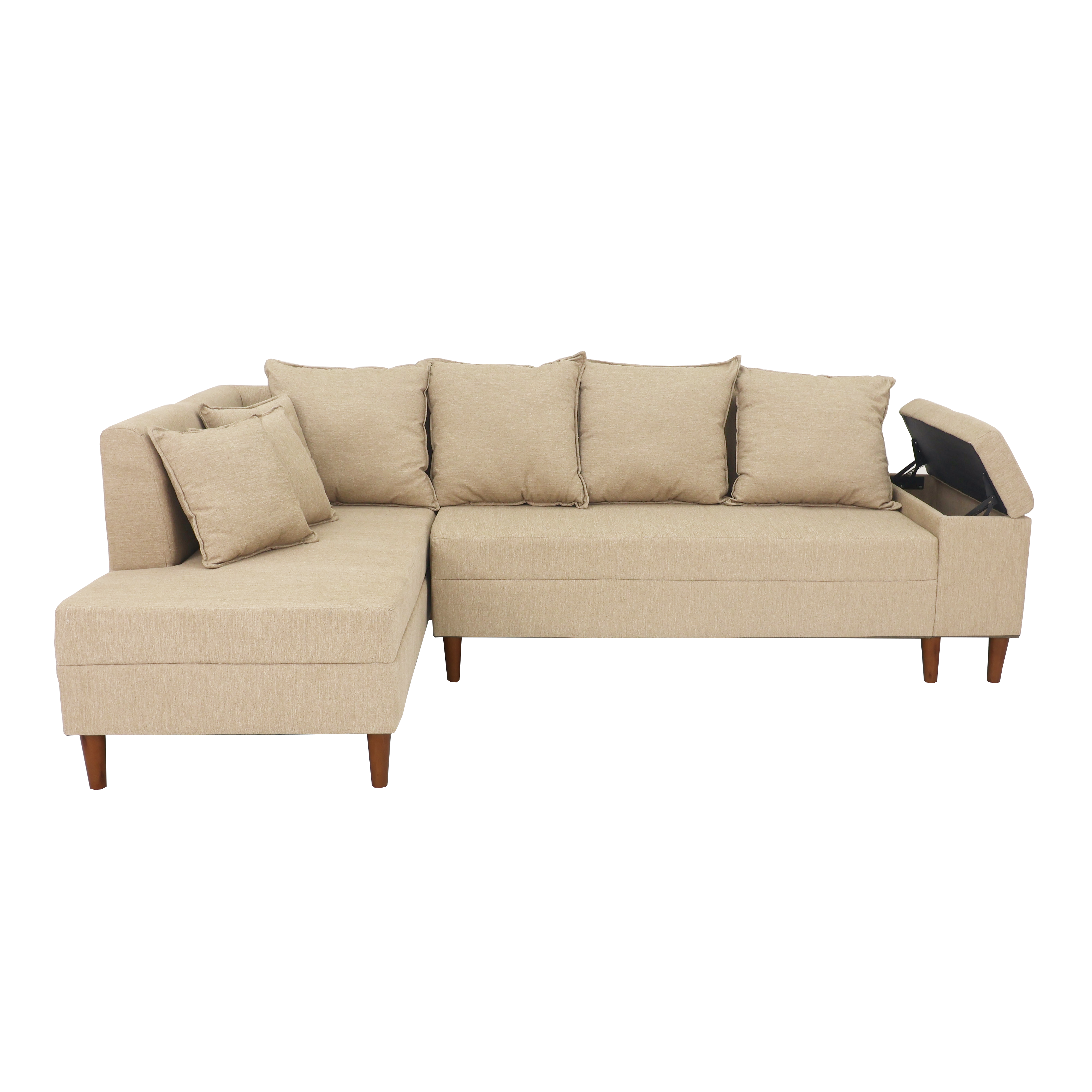 Beige L-shaped sofa with chaise, four back pillows, cushioned seat and tapered wood legs