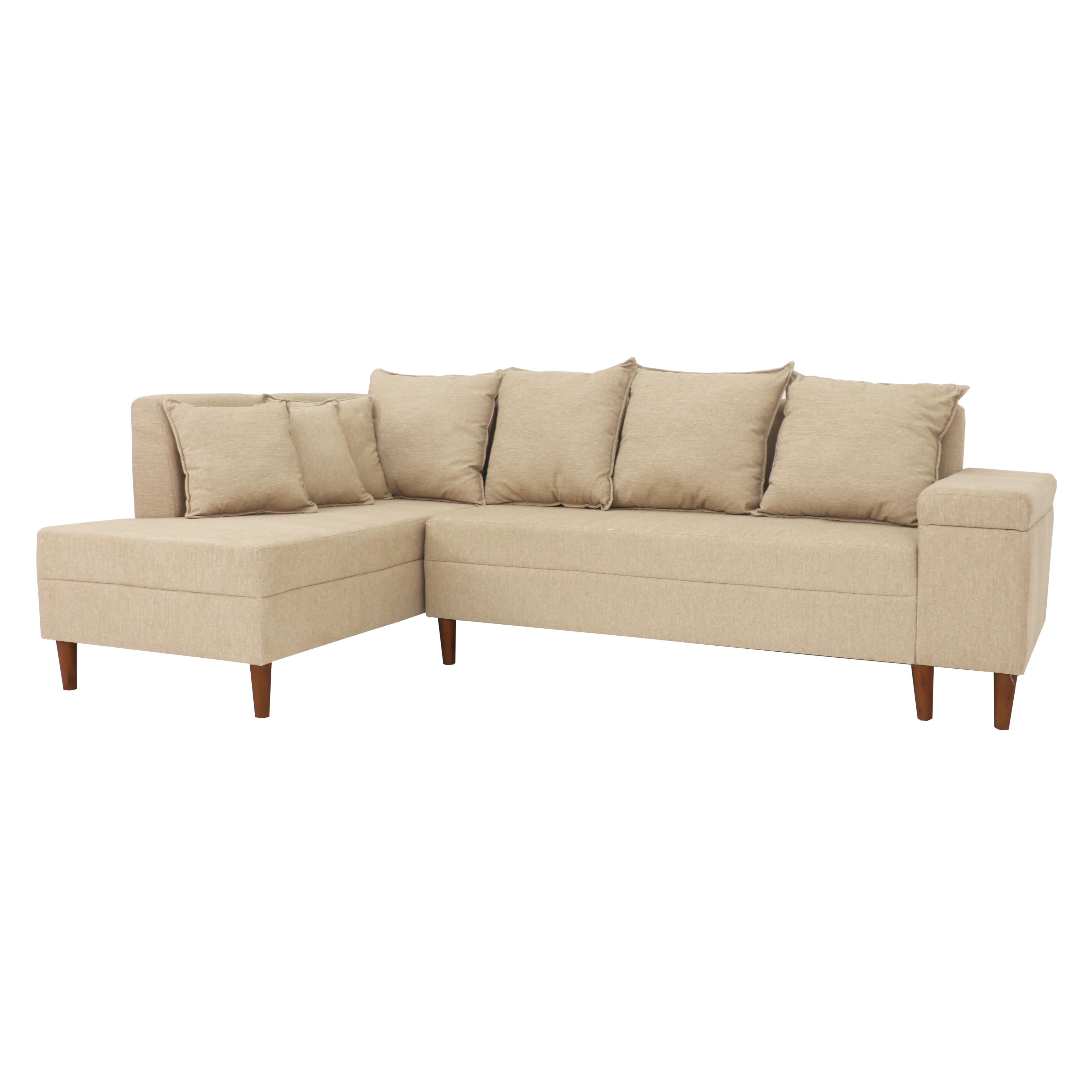 Beige L-shaped sectional with left chaise, four throw pillows, boxy armrests and wood legs