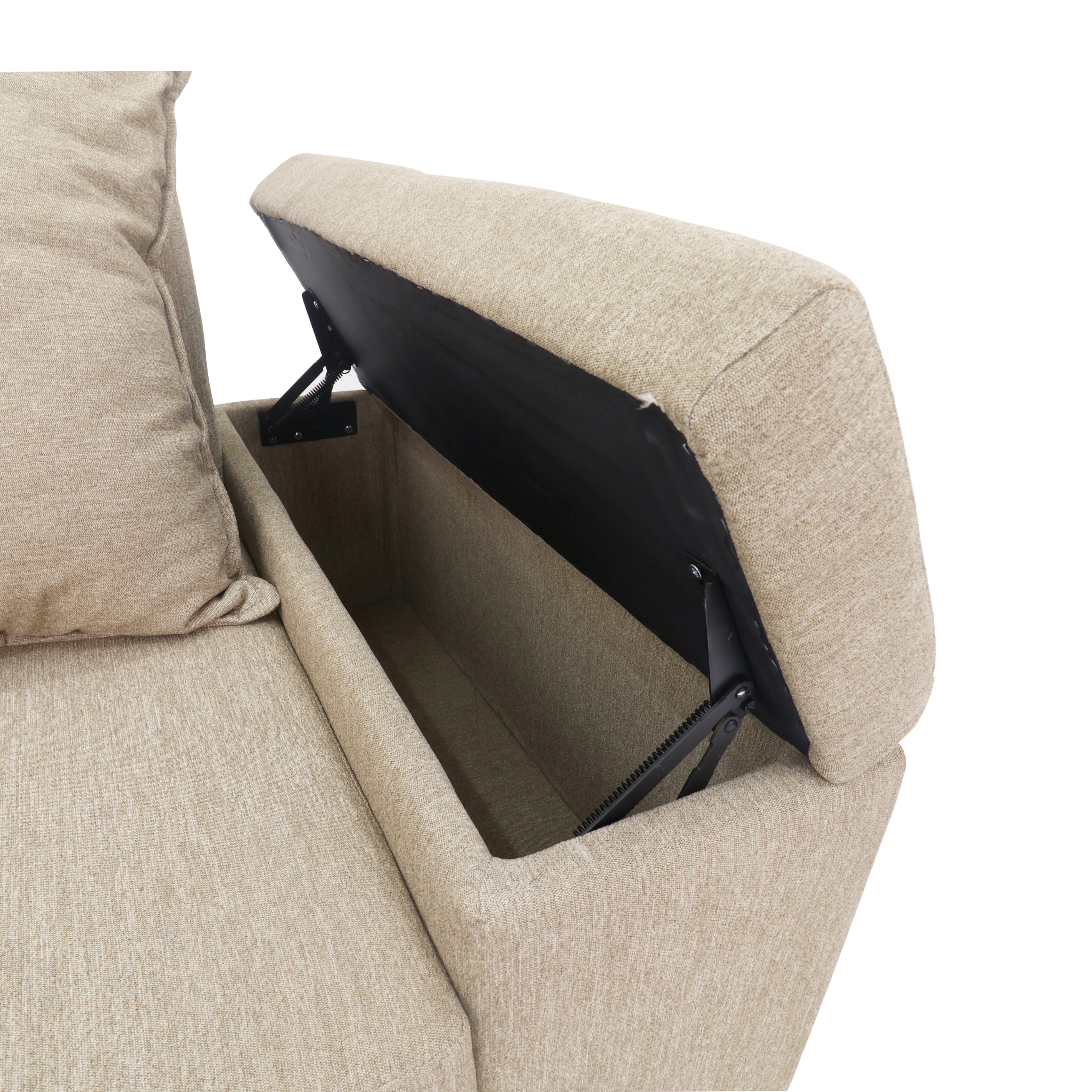 Beige sofa with open recline mechanism showing dark panel and black latch hardware