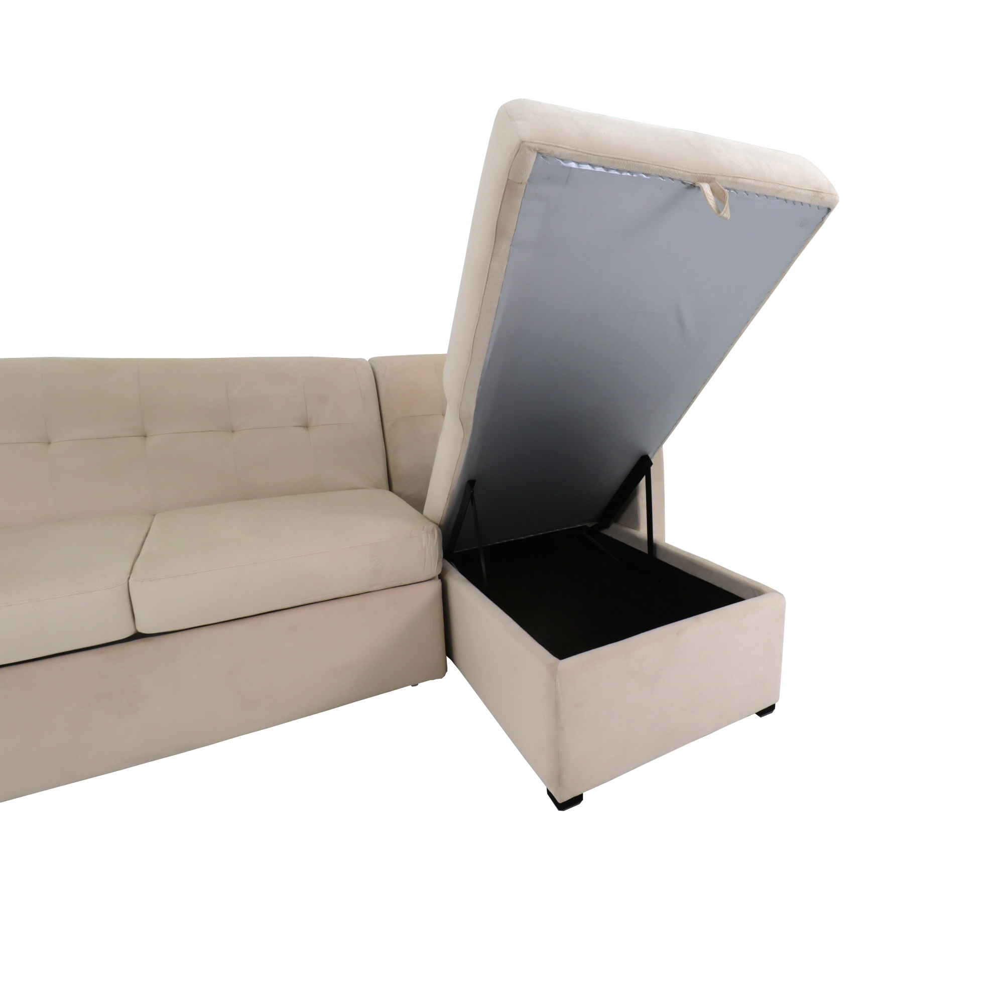 Beige upholstered sofabed with open storage compartment, padded chaise base and backrest