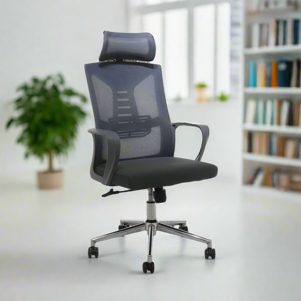 Gray executive office chair with padded headrest, mesh back, armrests, and casters