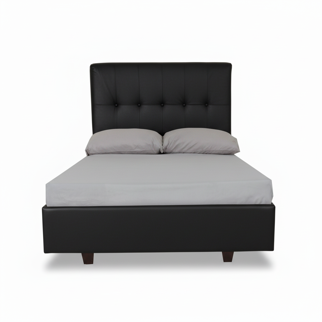 Black single bed with tufted headboard and grey bedding, padded base, short legs