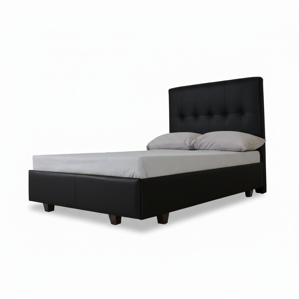Black single bed with tufted headboard, grey bedding, padded frame, angled side view