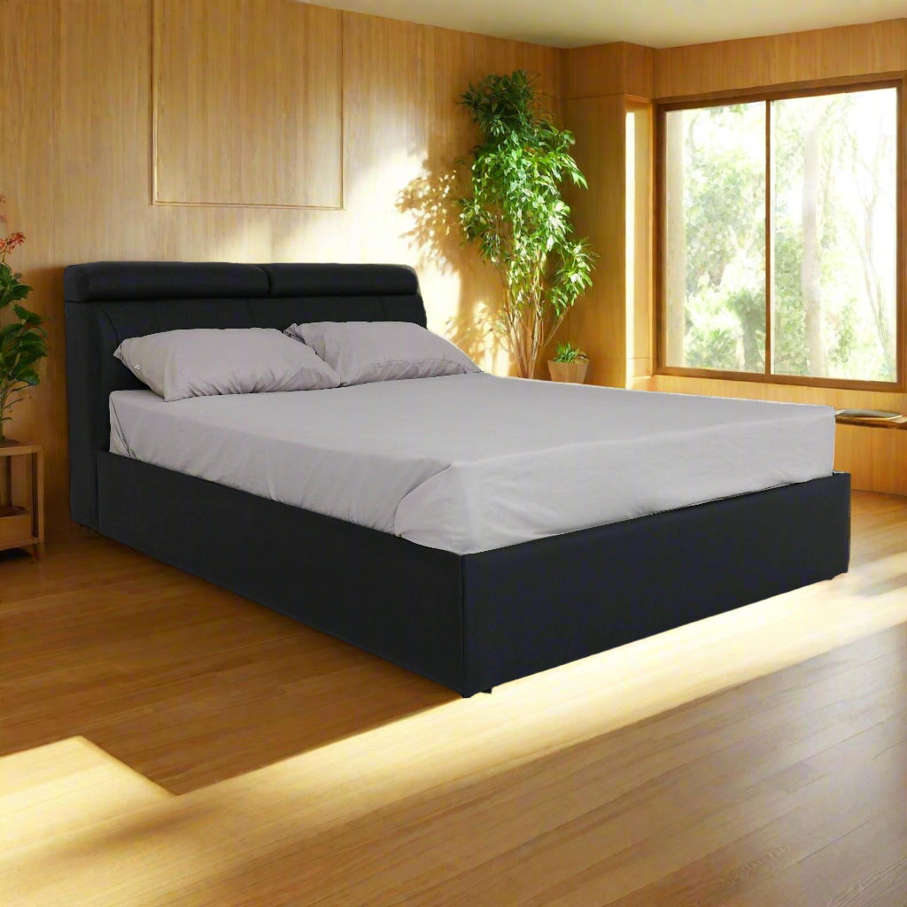 Upholstered bed frame with padded headboard, dark fabric, 60x75 size