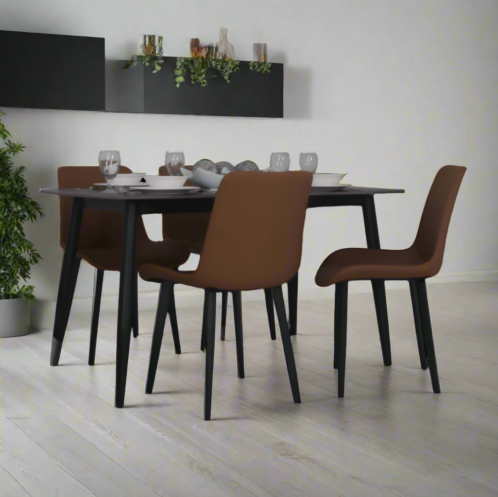 Brown dining chairs with dark table, 4-seat dining set with glassware