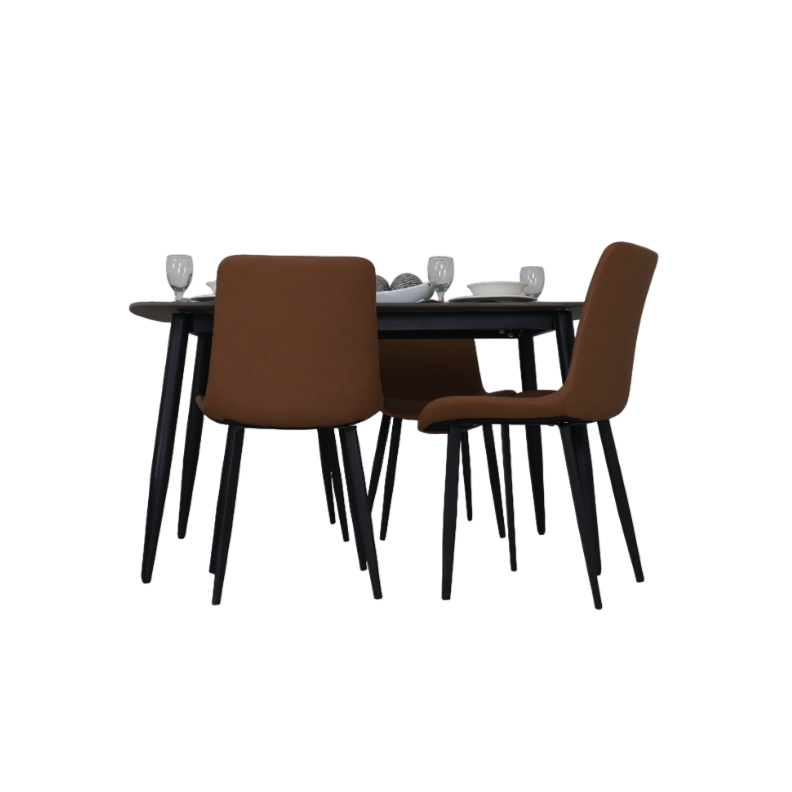 Dark dining table with 4 brown chairs, tabletop setting and glassware