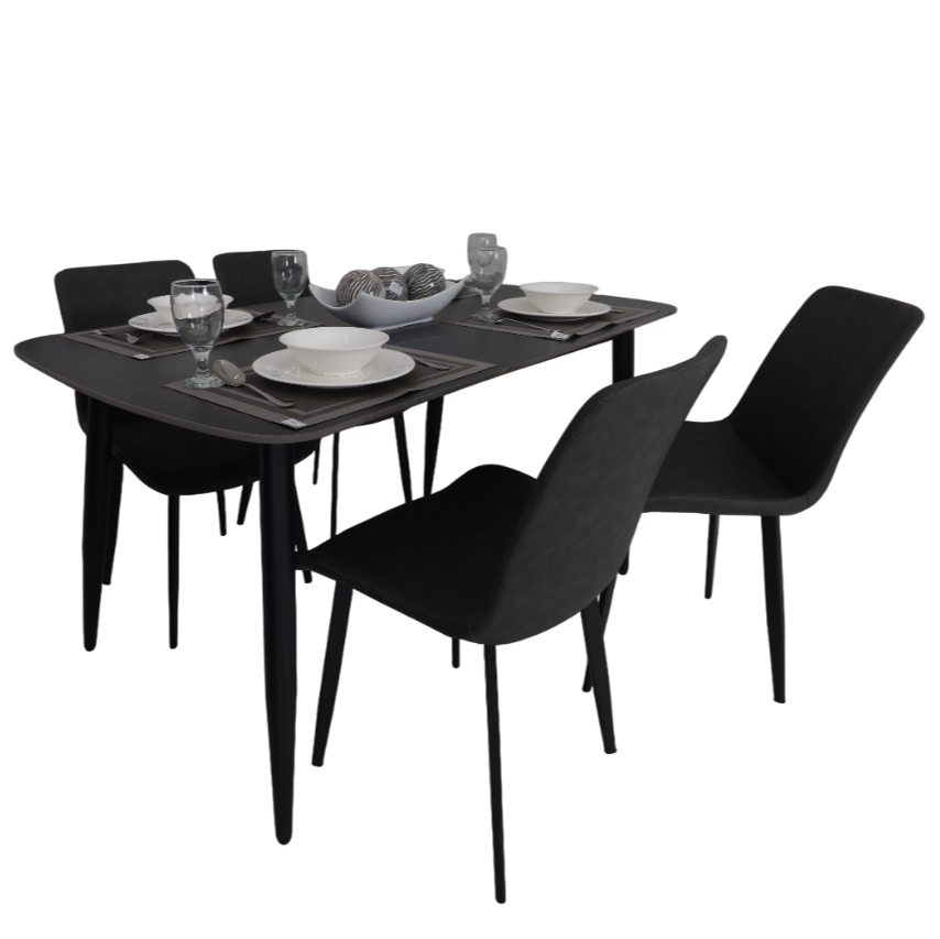 Black dining table with 4 chairs, dark tabletop and glassware
