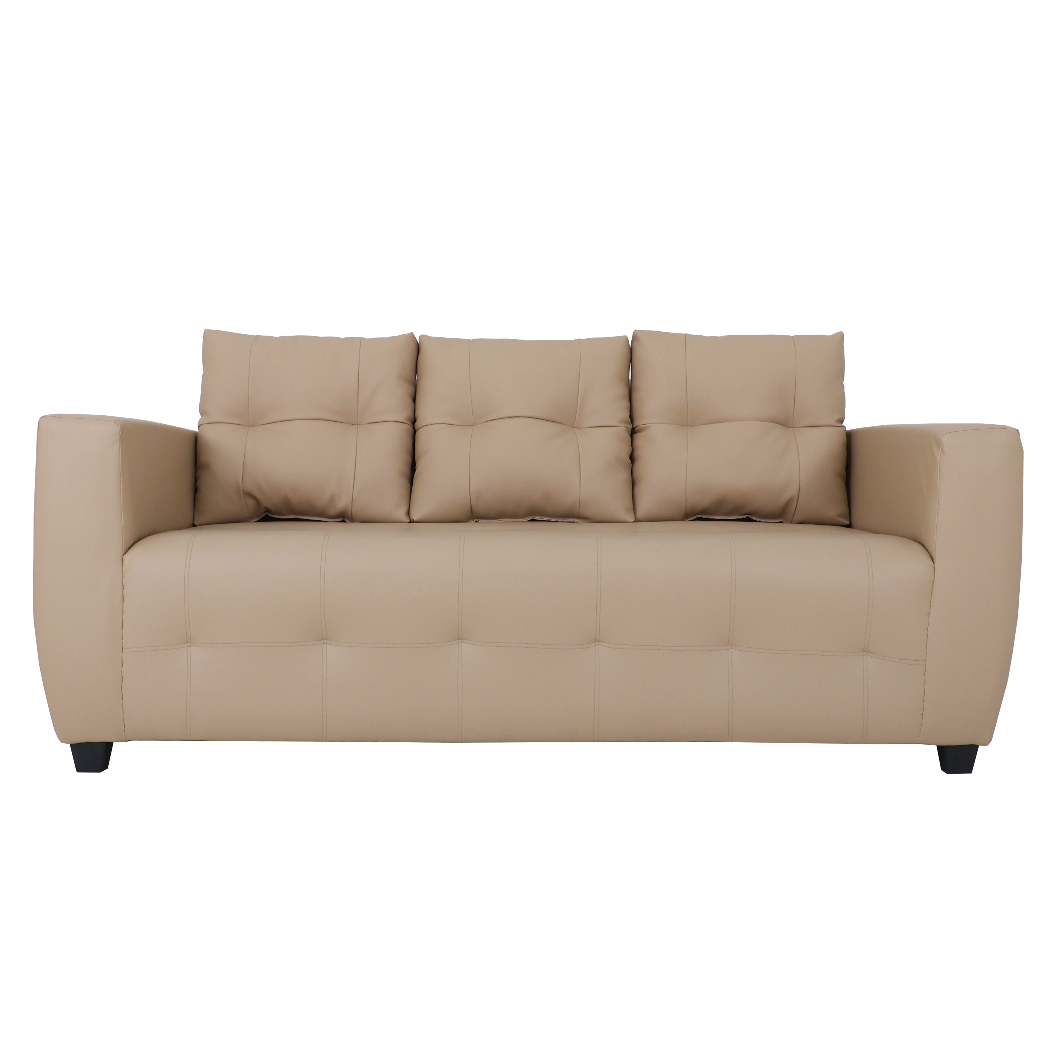 Beige 3-seat sofa viewed from front, tufted seat and back cushions, dark legs