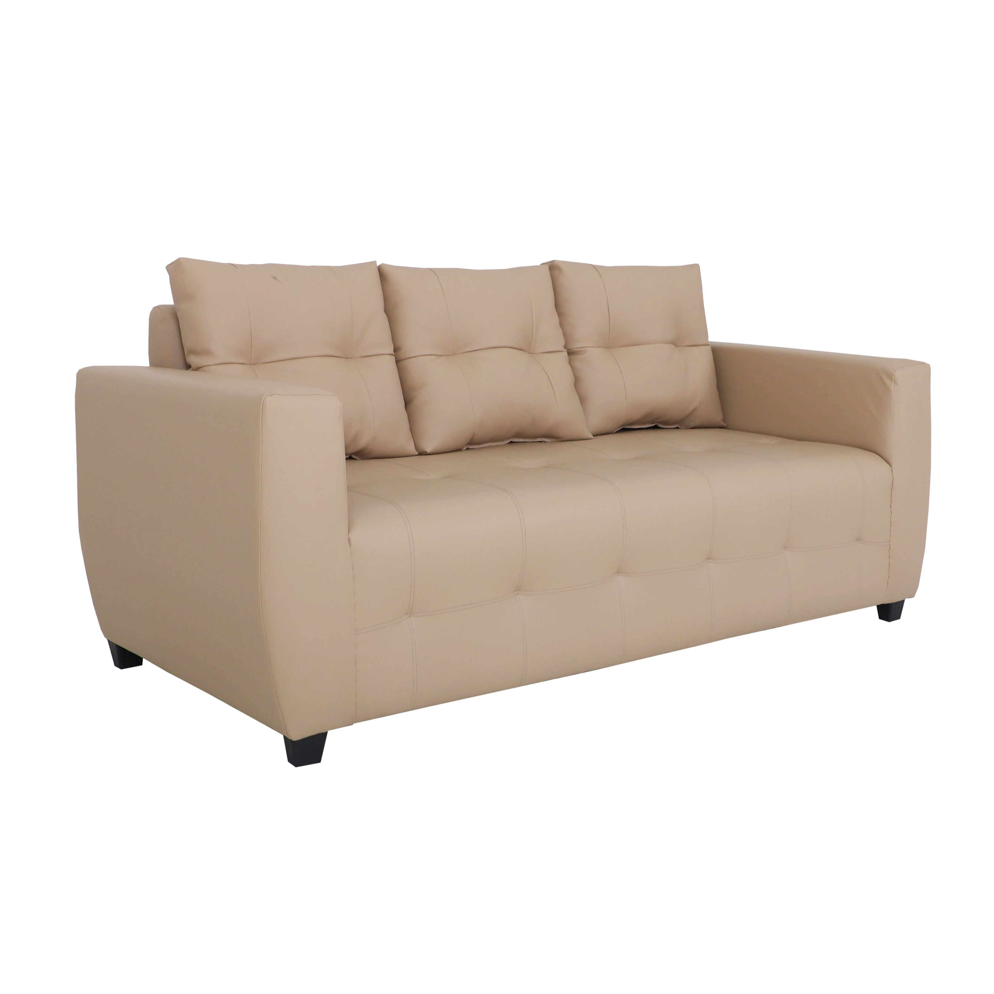 Beige 3-seat sofa with tufted cushions and padded armrests, dark legs