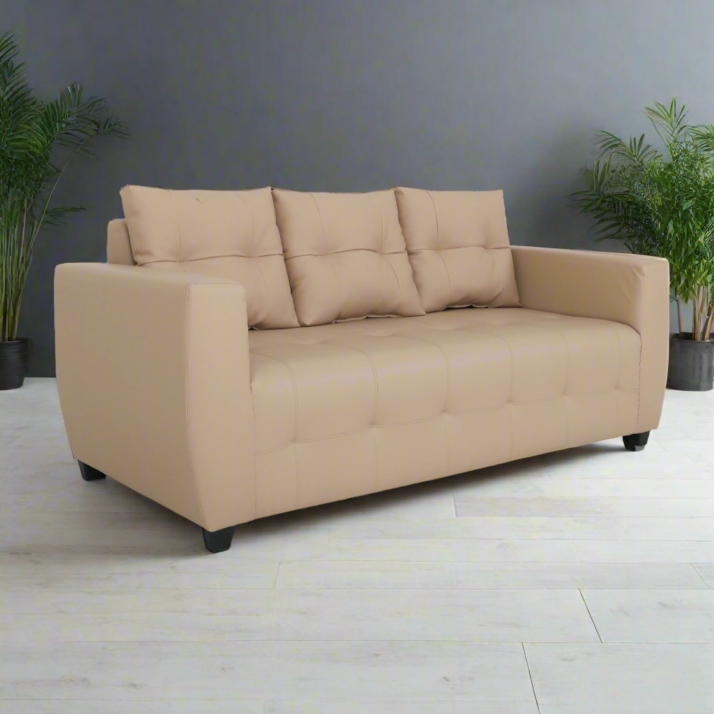 Beige 3-seat sofa with padded back cushions and tufted seat, dark legs